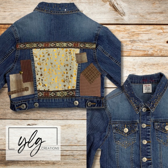 Judy Blue Boho Jean Jacket Cropped Metallic Gold Bronze Patched Hippie Small - Picture 1 of 11